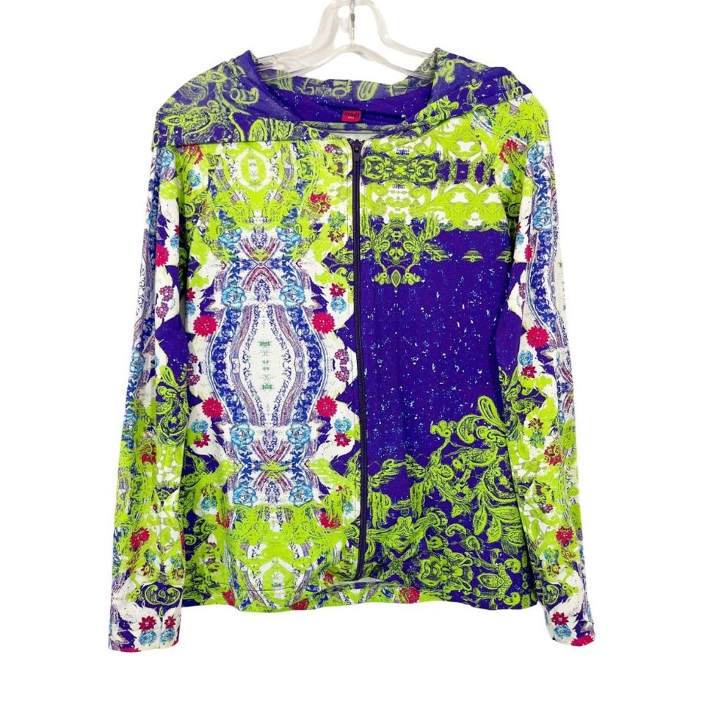 Save the Queen Sun Green & Purple Artsy Long Sleeve Zip Front Top Italy- MEDIUM